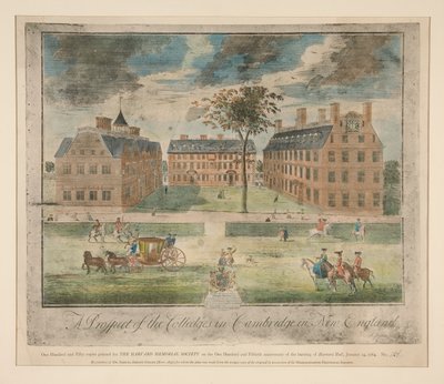 Een uitzicht op de colleges in Cambridge in New England; reproductie gemaakt voor Dr. Samuel Abbott door Unknown