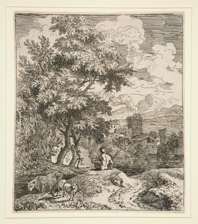 Een herder, twee schapen en een koe in een landschap door Unknown
