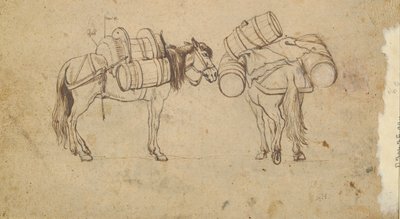 Een uitzicht op de Tiber bij de Ripa Grande, Rome (recto); Studie voor twee paarden die vaten dragen (verso) door Unknown