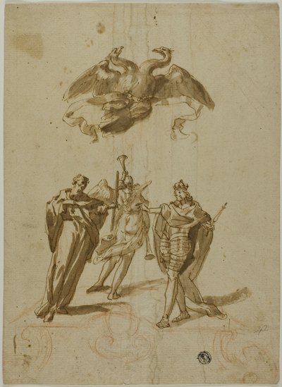 Allegorisch Onderwerp: Tweehoofdige Keizerlijke Adelaar op Wolken; Op de Grond, een Gedrapeerde Figuur, een Koning en een Figuur van Roem door Unknown