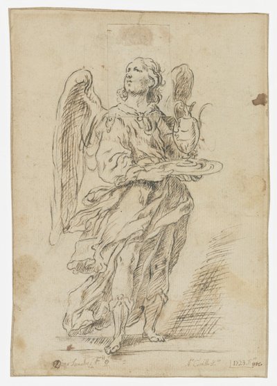 Een engel die een dienblad met een oliekruik vasthoudt door Unknown