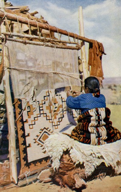 Arizona. In het hart van de woestijn van Arizona worden Navajo-dekens geweven, waarvan de schoonheid en bruikbaarheid veel klanten aantrekken. 1920 door Unknown