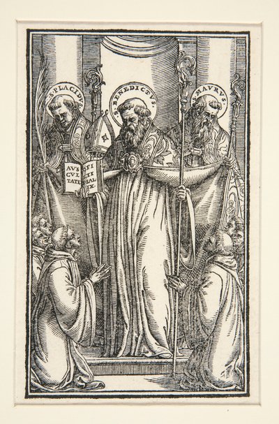 Boekillustratie met drie heiligen door Unknown