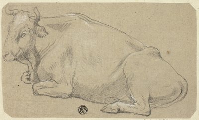 Koe liggend op lendenen (recto); Kop van een vrouw en schets van paardenhoofd (verso) door Unknown