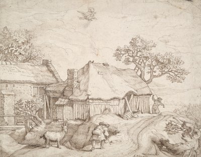 Boerderijgebouwen met Boeren, een Geit, en de Ontvoering van Ganymedes door Unknown