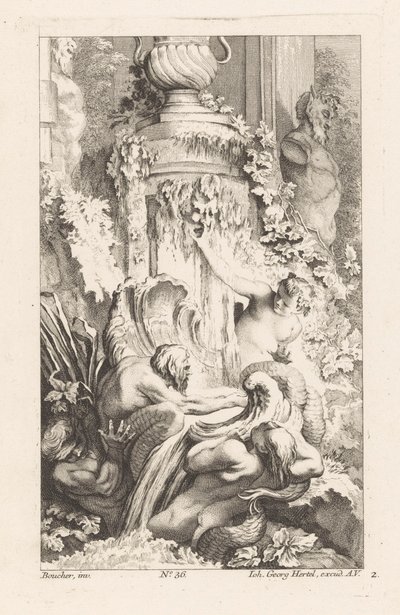 Fontein met meermannen en saterbeeld door Unknown