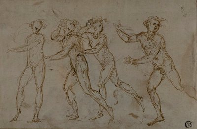 Vier Rennende Mannelijke Naakten (recto); Heilige Familie met de Jonge Johannes de Doper (verso) door Unknown