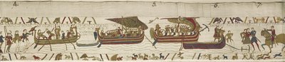 Harold steekt het Kanaal over naar het gebied van Guy, graaf van Ponthieu, waar hij wordt gevangengenomen, Bayeux Tapestry door Unknown