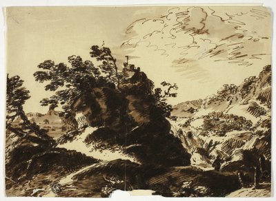 Heuvelachtig landschap met figuur op de voorgrond door Unknown