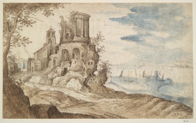 Denkbeeldig landschap met de Tempel van Sibylla, Tivoli door Unknown