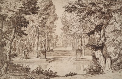Denkbeeldig uitzicht op een park met beelden en koppels door Unknown