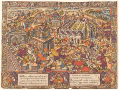 Jeruzalem is ingenomen en verbrand; Koning Sedecias heeft zijn ogen uitgestoken. En Jeremia wordt naar Babylon gebracht. Jeremia 39-43, nr. 6, Het Verhaal van Jeremia door Unknown