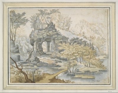Landschap met gebouwen op boog in rotsen door Unknown