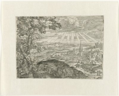 Landschap met stadszicht en stralende zon door Unknown