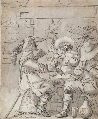 Mannen die kaarten spelen (recto); Herberginterieur met staande man die rookt (verso) door Unknown