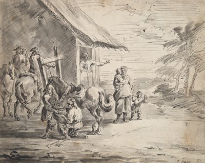 Mannen die een paard beslaan buiten een herberg door Unknown