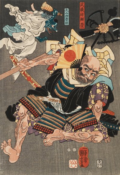 Minamoto Yoshitsune vecht tegen Benkei op de Gojo-brug, met hulp van tengu-demonen, 1847-1850 door Unknown
