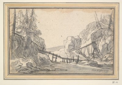 Bergachtig landschap met houten voetbrug door Unknown