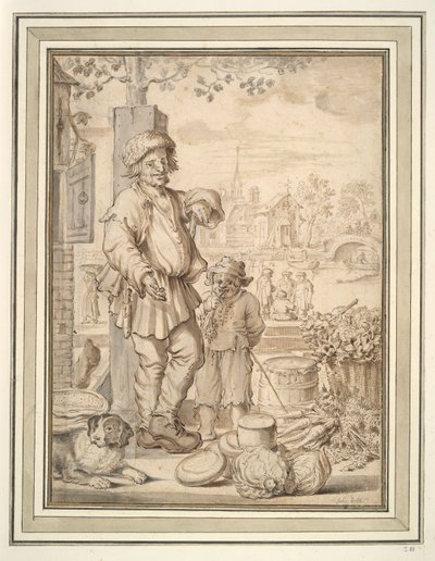 Boerenman en kind op de markt door Unknown