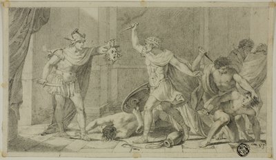 Perseus confronteert Phineas en zijn volgelingen met het hoofd van Medusa door Unknown