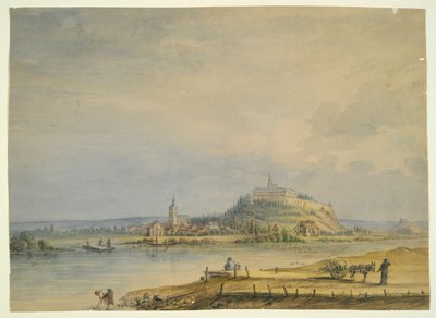 Rivierscène met Stad, Kasteel op Heuvel en Werkende Boeren door Unknown
