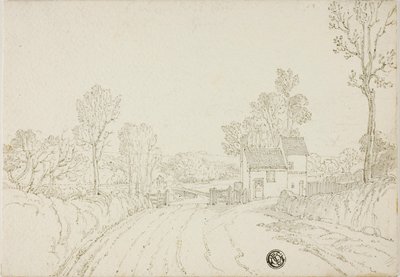 Weg langs huis in landschap door Unknown
