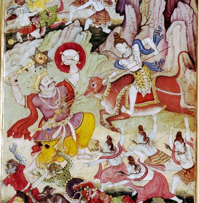 Siva vernietigt de demon Andhaka, Harivamsa manuscript, Mughul, ca. 1590 door Unknown