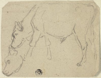 Schetsen van grazende stier, koeienkop (recto); zittende koe in profiel (verso) door Unknown