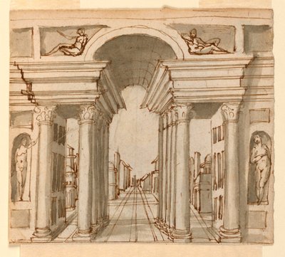 Toneelontwerp: architectonisch perspectief door Unknown