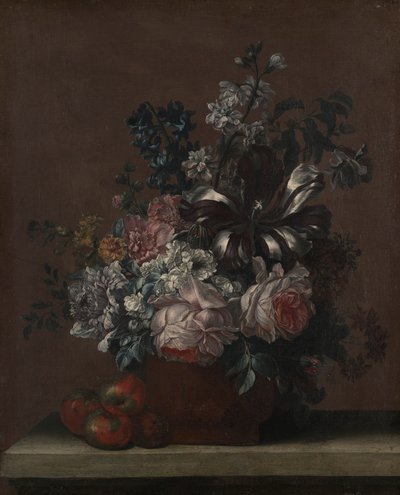 Stilleven met bloemen en fruit door Unknown