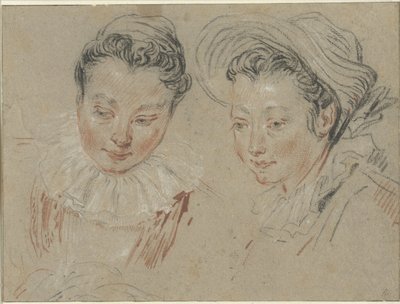 Studieblad met twee meisjeskoppen, het rechter met een stroohoed door Unknown