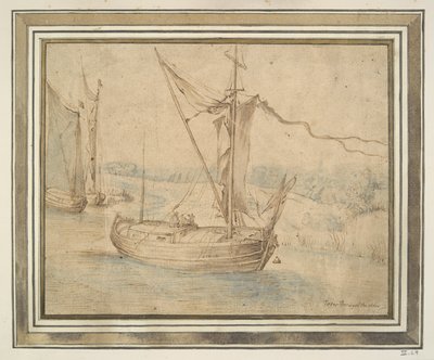 Drie boten in een heuvelachtig landschap door Unknown