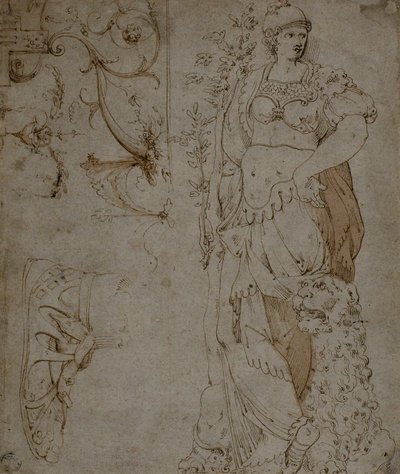 Drie schetsen: Fortitude, een sandaal, en grotesken (recto); Schetsen van grotesken, en Romeinse kuras (verso) door Unknown