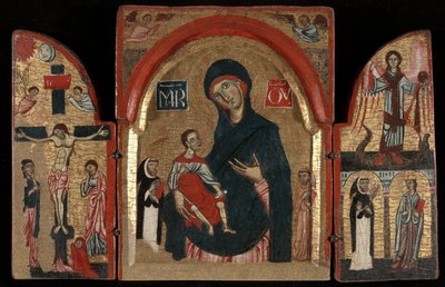 Drieluik: Maagd en Kind met Heiligen Dominicus en Franciscus; De Kruisiging; Sint-Michiel met Heiligen Petrus Martelaar en Catharina van Alexandrië door Unknown