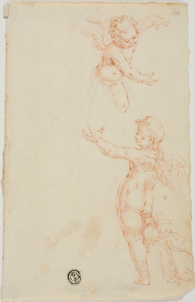 Twee gevleugelde putti, één vliegend door Unknown