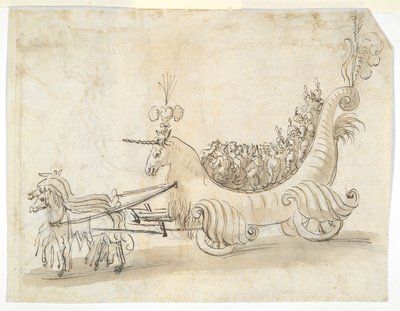 Twee kostuumstudies; Strijdwagen in de vorm van een eenhoorn door Unknown