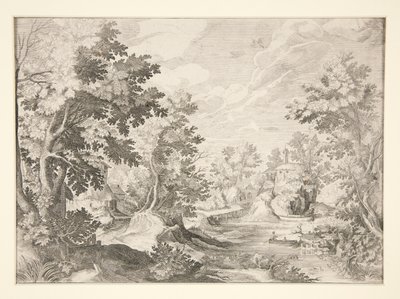 Zonder titel (Landschap met figuren in boot op de voorgrond) door Unknown