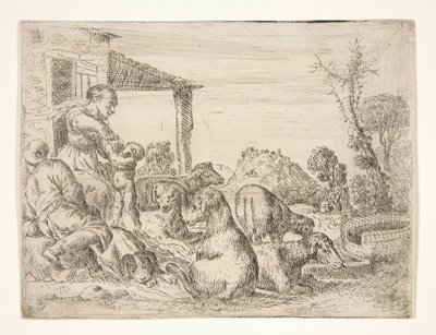 Zonder titel (Boerenfamilie met honden en lammeren in een landschap) door Unknown