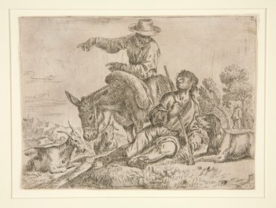 Zonder titel [Man op ezel in gesprek met herder] door Unknown