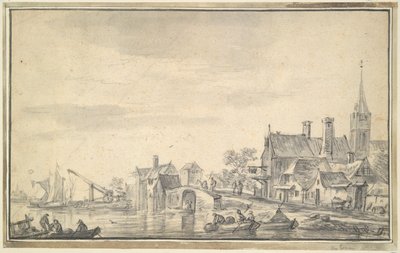 Dorp bij water door Unknown