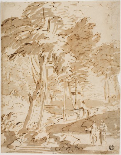Boslandschap met figuren en dieren door Unknown