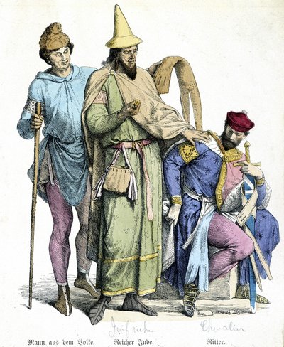 11e-eeuwse kostuums: rijke Jood en ridder - gravure door Unknown artist