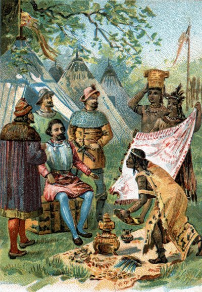 1518 - 1519: Fernand Cortez vertrekt voor de verovering van Mexico en ontvangt de geschenken van keizer Montezuma door Unknown artist