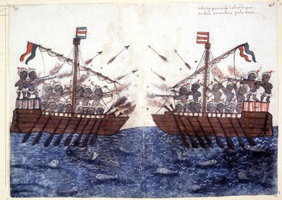 16e-eeuwse gravure die de ontmoeting met een piratenschip in de Indische Oceaan voorstelt. Rome biblioteca Casantense. door Unknown artist