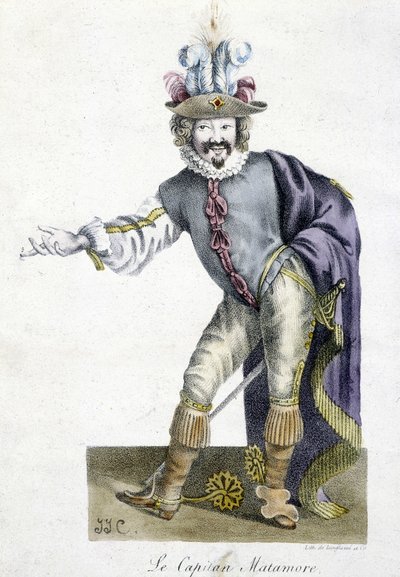 16e eeuws theaterpersonage: Capitan Matamore, Arts Deco door Unknown artist