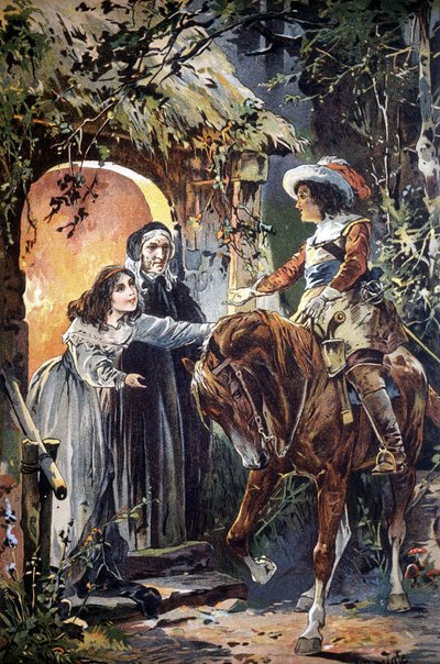 Illustratie uit de 19e eeuw die een episode van een kinderfabel afbeeldt: een ridder bezoekt een jong meisje en haar grootmoeder. Gravure door Unknown artist