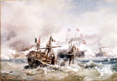 20/07/1866: Slag bij Lissa voor de kust van Dalmatië: de Oostenrijkers vernietigen de Italiaanse vloot. door Unknown artist