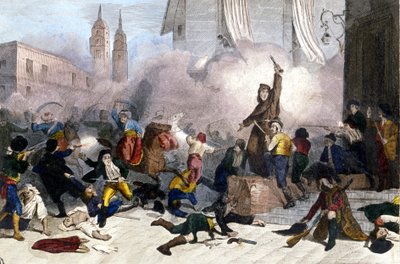 2/05/1808: Opstand in Madrid tegen de Franse overname van Spanje. Gravure uit de 19e eeuw door Unknown artist