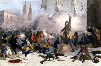 2/05/1808: Opstand in Madrid tegen de Franse overname van Spanje. Lithografie rond 1830. door Unknown artist