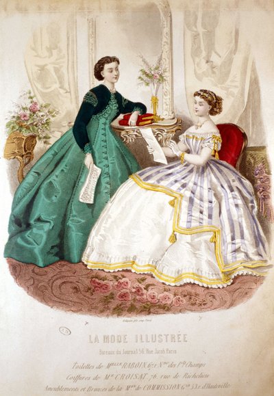 2 vrouwen lezen: toilet van juffrouw Raboin en de kapsels van M. Croisat - in "La Mode geïllustreerd" door Unknown artist